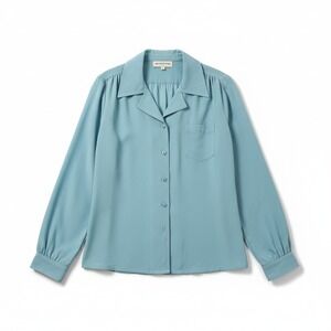 Au Courant Vintage Blue Gray Button Down Blouse, Woman's Size 9, Notched Collar